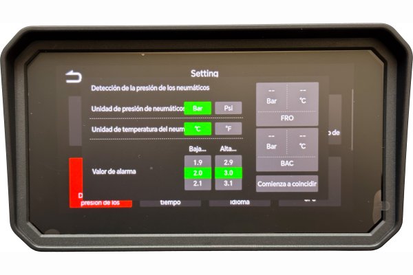 Pantalla para configurar las alarmas de presiones de neumáticos